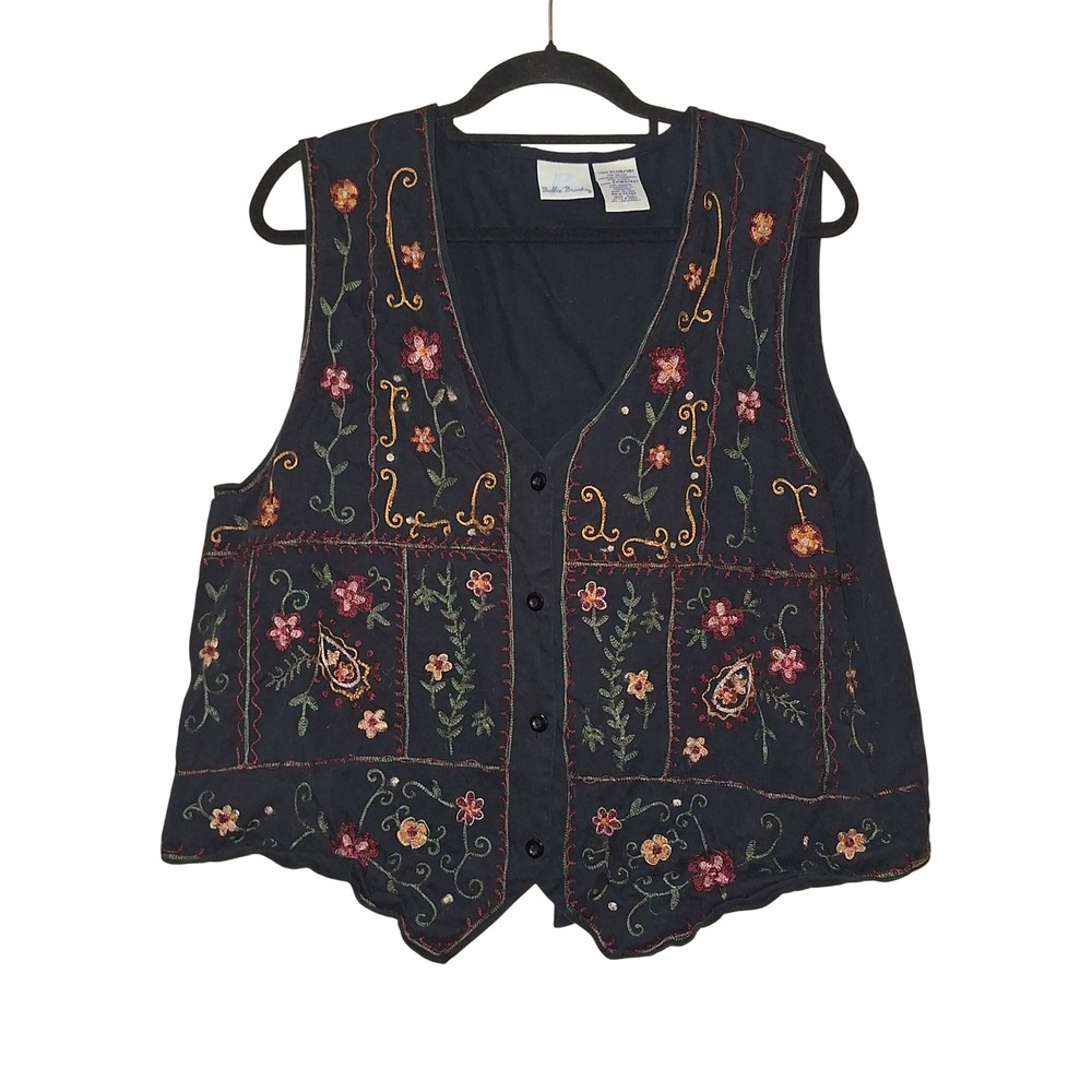 Bobbie Brooks Vintage Floral Embroidered Cotton Vest Black XL Boho Cottagecore